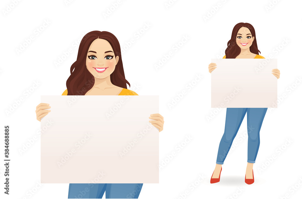 Beautiful smiling plus size woman in jeans holding empty blank board isolated vector illustration Beautiful smiling plus size woman in jeans holding empty blank board isolated vector illustration