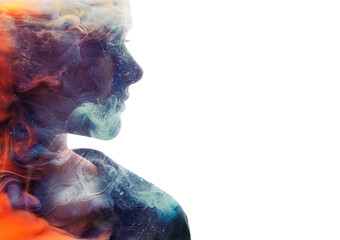 Art portrait. Female universe. Ice fire. Harmony balance. Double exposure glitter orange flames blue smoke in profile woman silhouette isolated on white copy space background.