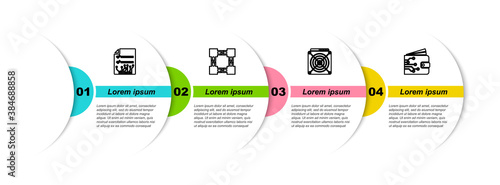 Set line Smart contract, Blockchain technology, ASIC Miner and Cryptocurrency wallet. Business infographic template. Vector.