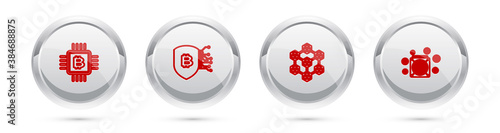 Set line CPU mining farm, Shield with bitcoin, Blockchain technology and ASIC Miner. Silver circle button. Vector.