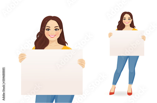 Beautiful smiling plus size woman in jeans holding empty blank board isolated vector illustration