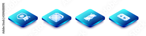 Set Isometric line Shield with bitcoin, ASIC Miner, Cryptocurrency circuit and icon. Vector.
