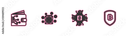 Set line Cryptocurrency wallet, Processor chip with dollar, ASIC Miner and Shield bitcoin icon. Vector.