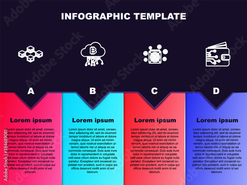 Set line Blockchain technology, Cryptocurrency cloud mining, ASIC Miner and wallet. Business infographic template. Vector.