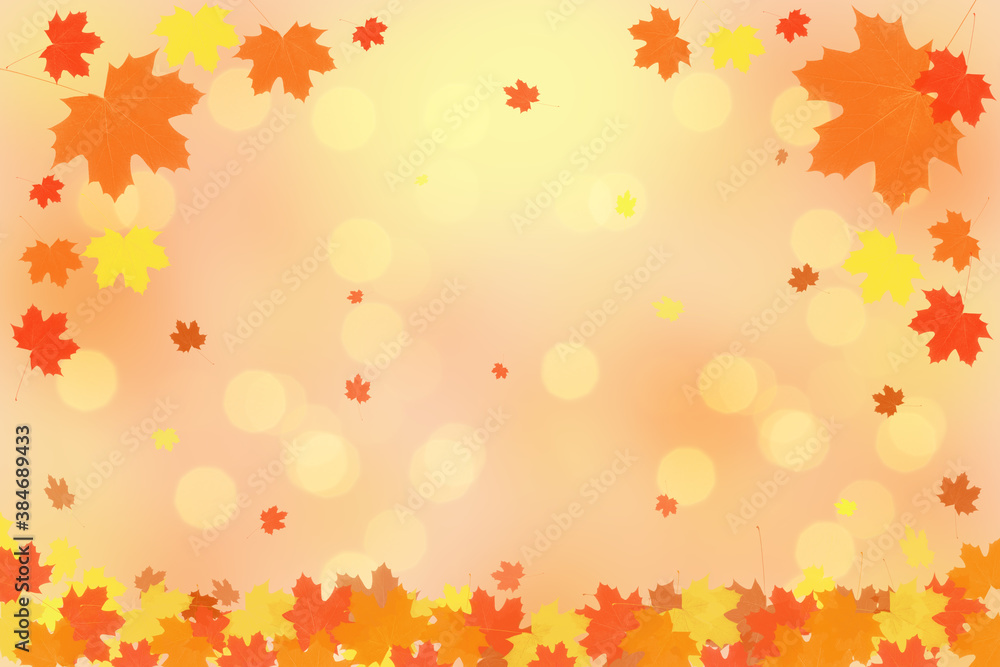 Beautiful bright autumn background with falling maple leaves and bokeh lights. Copy space Beautiful bright autumn background with falling maple leaves and bokeh lights. Copy space