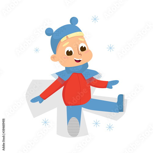 Cheerful Boy Enjoying Winter Holiday Sledging on Cardboard Vector Illustration