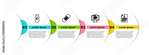 Set line Medical vial, ampoule, Bandage plaster, Clinical record on monitor and Clipboard with blood test. Business infographic template. Vector.