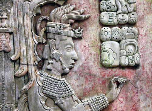 Bas-relief carving with of a Mayan king, Palenque, Chiapas, Mexico photo
