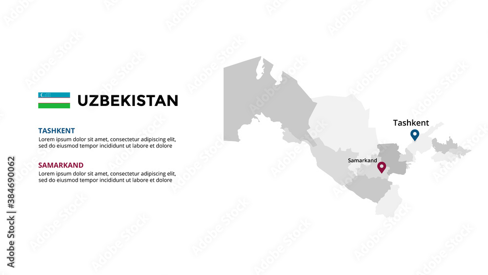 Uzbekistan vector map infographic template. Slide presentation. Global business marketing concept. Asia country. World transportation geography data. 