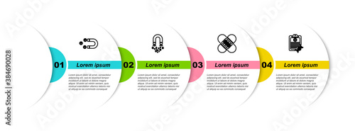 Set line Customer attracting, Magnet with money, Crossed bandage plaster and Clipboard DNA analysis. Business infographic template. Vector.