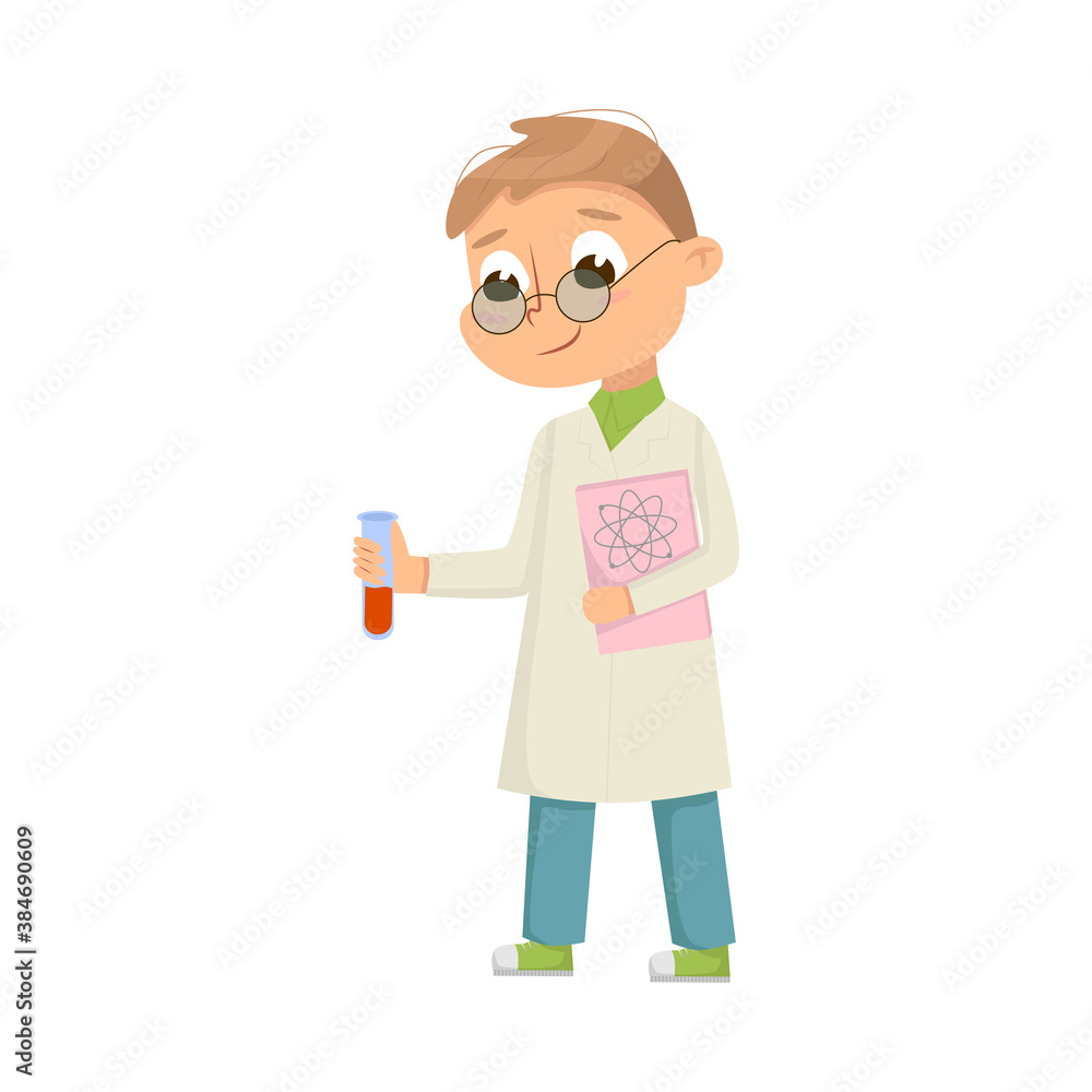Little Boy in Laboratory Coat Holding Glass Flask with Chemical Vector Illustration