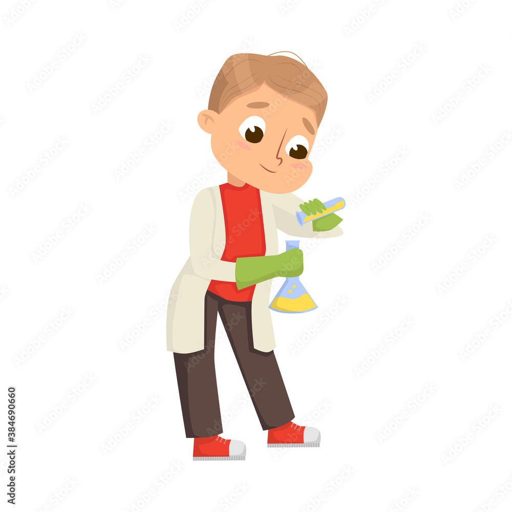 Funny Boy in Laboratory Coat Mixing Chemicals in Glass Flask Vector Illustration Funny Boy in Laboratory Coat Mixing Chemicals in Glass Flask Vector Illustration