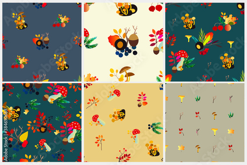 Autumn vector seamless pattern set with berries, acorns, pine cone, mushrooms, branches and leaves.