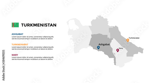 Turkmenistan vector map infographic template. Slide presentation. Global business marketing concept. Asia country. World transportation geography data. 