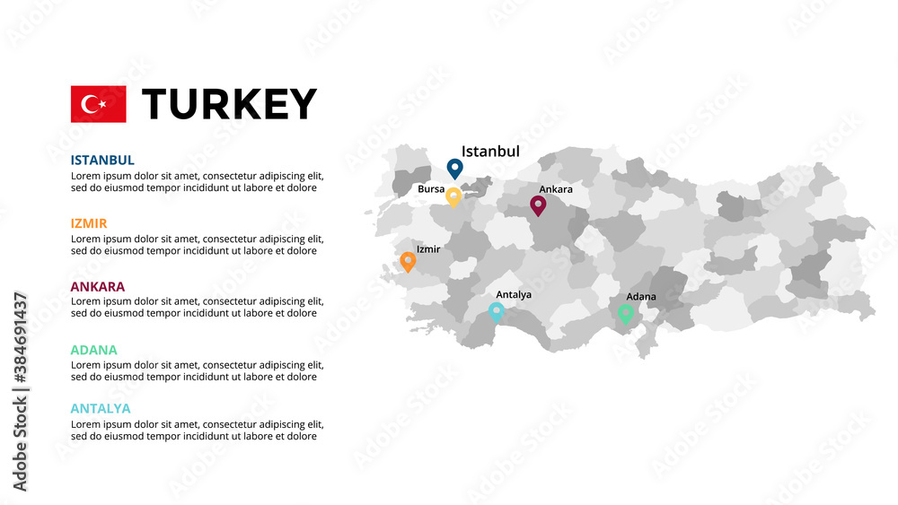 Obraz premium Turkey vector map infographic template. Slide presentation. Istanbul, Izmir, Ankara, Antalya, Adana. Asia country. World transportation geography data. 