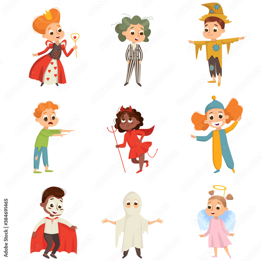 Funny Kid Characters Dressed in Halloween Costumes Vector Set Funny Kid Characters Dressed in Halloween Costumes Vector Set
