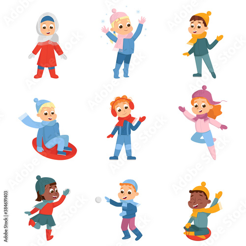 Cheerful Kids Enjoying Winter Holidays Sledging and Playing Snowball Fight Vector Set