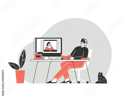 The young guy studies, works remotely. Remote online distance education. Home schooling . Isolation at home during the Coronavirus epidemic. Stay at home.