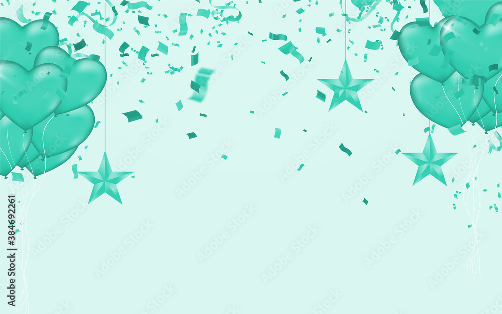 Vector happy birthday card with green balloons, party invitation