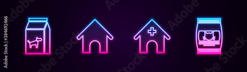 Set line Bag of food for dog, Dog house, Veterinary medicine hospital and cat. Glowing neon icon. Vector.
