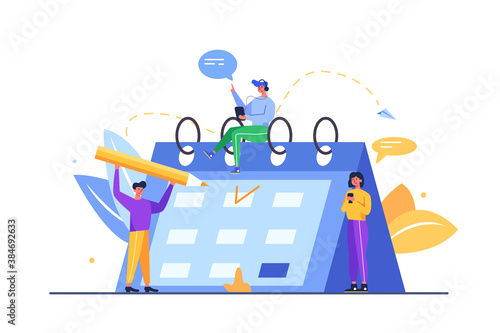 Group of workers dealing with the schedule of days, guy with a big pencil crosses out the day on a big calendar isolated on white background, flat vector illustration