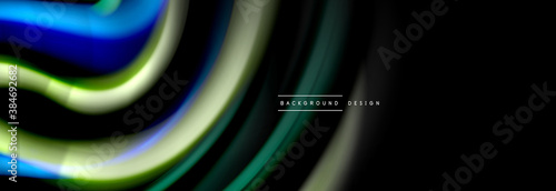 Dynamic motion abstract background. Color blurred stripes on black. Wave liquid lines poster. Vector illustration