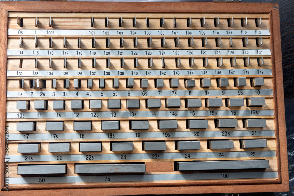 View of the metric gauge blocks. Gauge blocks (also known as gage blocks, Johansson gauges, slip