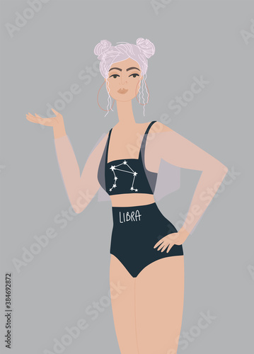 Representative of the Libra sign. Attractive girl with space buns.. Vector illustration