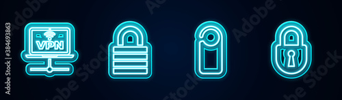 Set line VPN Computer network, Lock, Please do not disturb and . Glowing neon icon. Vector.