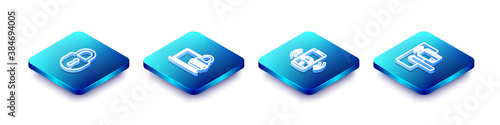 Set Isometric line Lock, Laptop with password, Smart car alarm system and Digital door lock wireless icon. Vector.