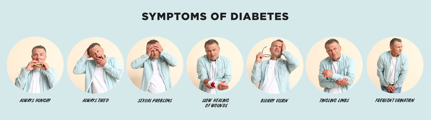 Mature man with diabetes symptoms on color background