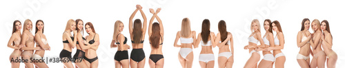 Beautiful young women in underwear on white background. Front and back view