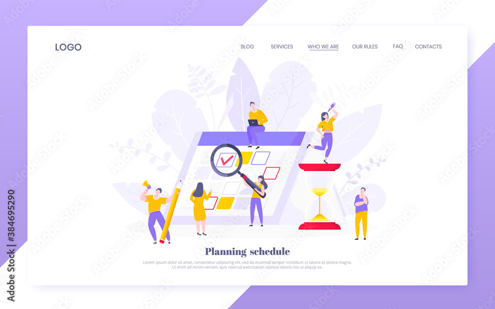 Calendar planning schedule business concept vector illustration. Tiny people with large pencil, magnifier do working plan on day calendar and checks dates. Time management or deadline web template.