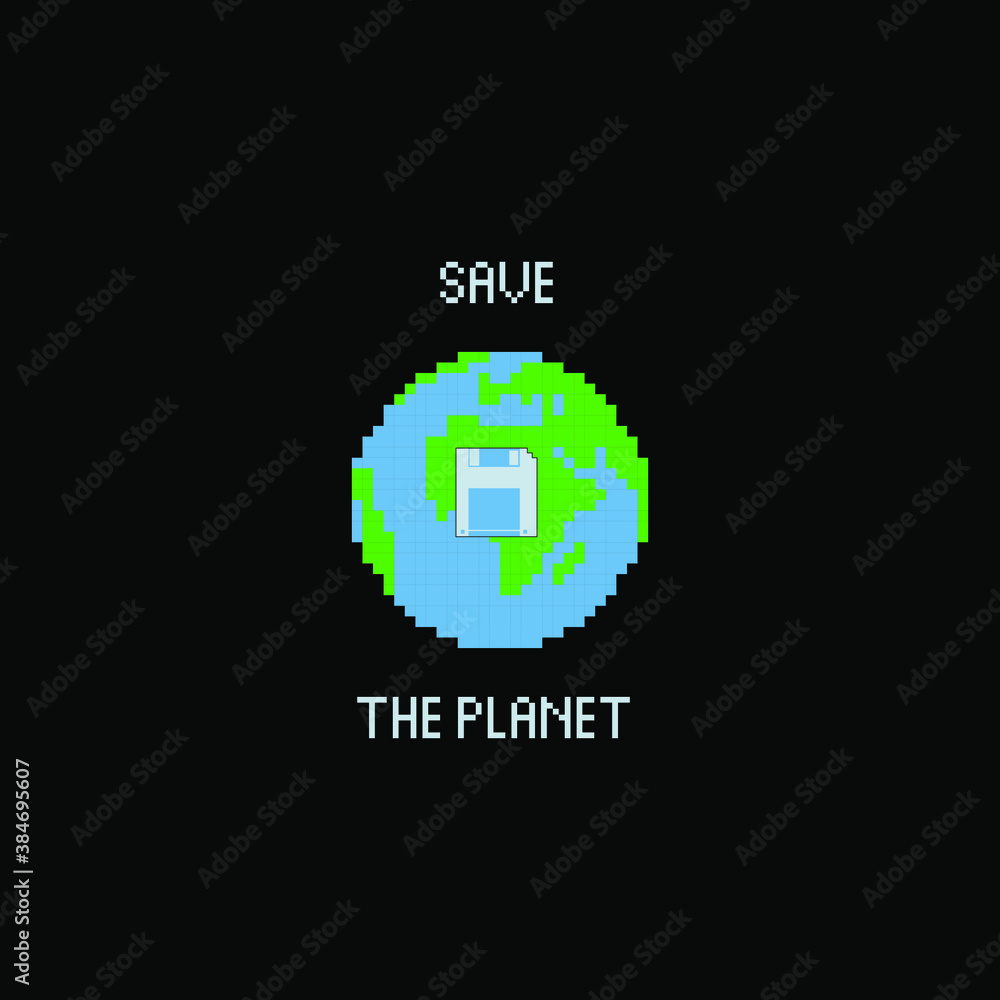 Save our planet earth, ecology eco environmental protection, climate changes.Game. Mario. Pixel. Earth Day April 22, vector emblem.logo Save our planet earth, ecology eco environmental protection, climate changes.Game. Mario. Pixel. Earth Day April 22, vector emblem.logo