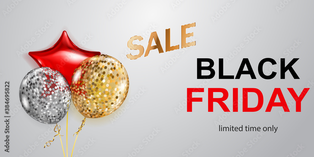 Black Friday sale banner with red, golden and silver balloons on white background. Vector illustration for posters, flyers or cards.