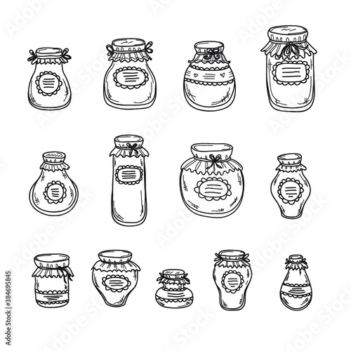  Set of hand drawn jars different shape with jams. Vector