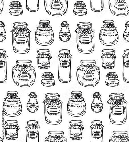 Cute seamless pattern with hand drawn jars different shape with jams. Vector