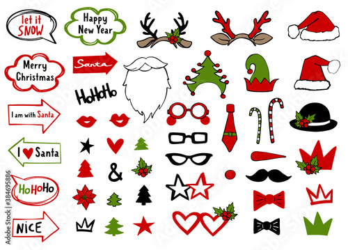 Christmas holiday photo booth props. Vector xmas masquerade party costume accessories collection. Noel decoration with fun sign in arrow and bubble. Happy new year cartoon illustration card background