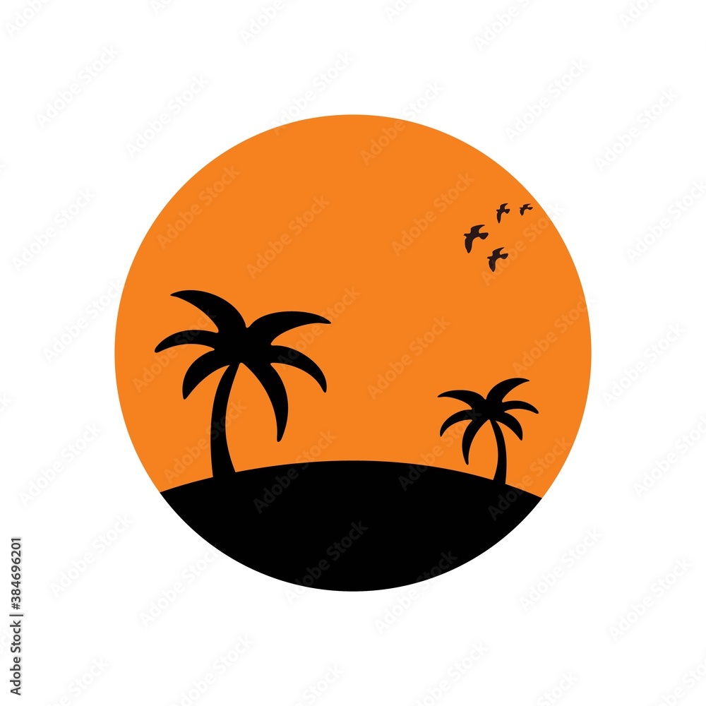 sunset and coconut tree silhouette vector logo