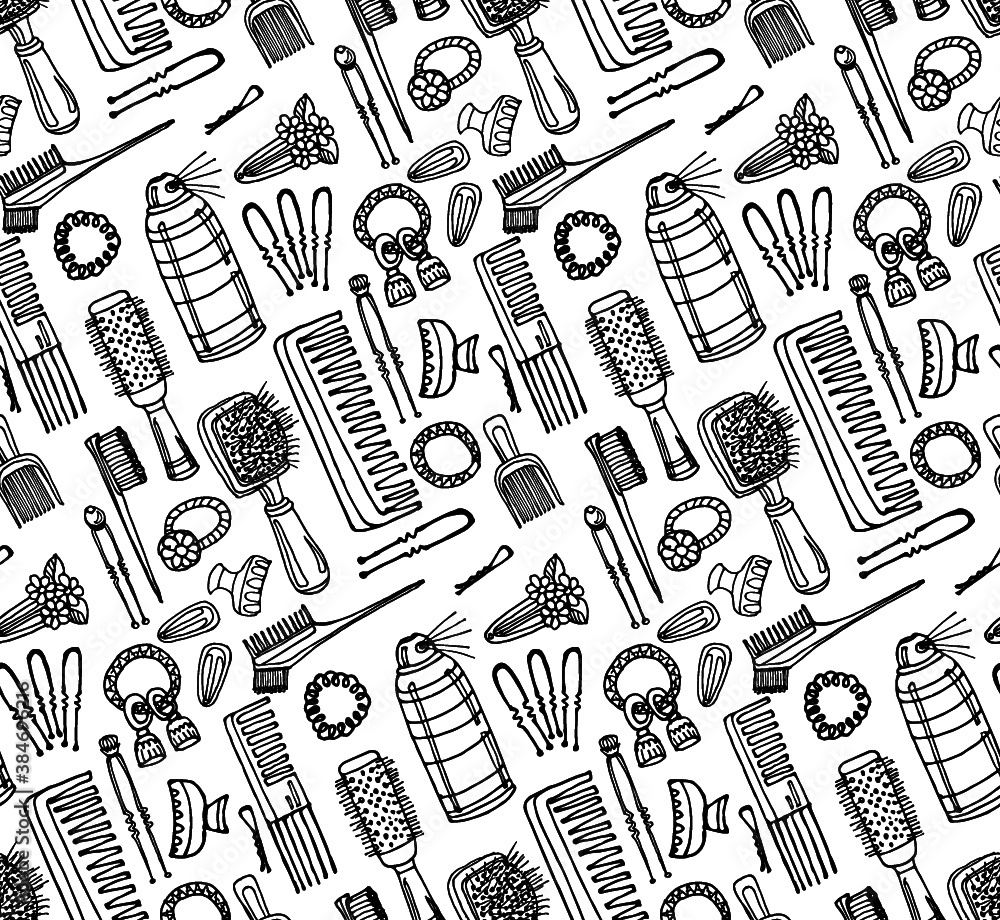 Seamless pattern with hairbrushes and accessories. Hand drawn vector hair styling collection. Vector