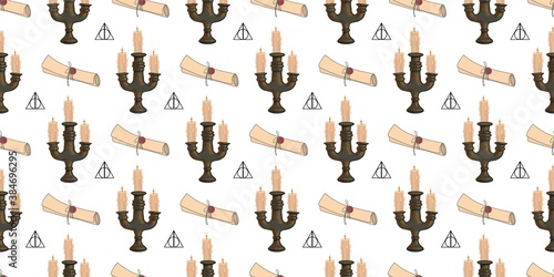 Mystical seamless background. Antique brass candlesticks, manuscripts and scrolls. Magic and witchcraft pattern.