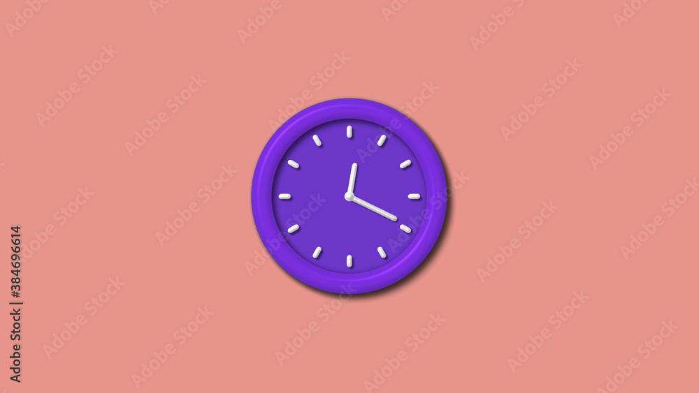 Purple color 12 hours 3d wall clock isolated on red light background, 3d wall clock Purple color 12 hours 3d wall clock isolated on red light background, 3d wall clock