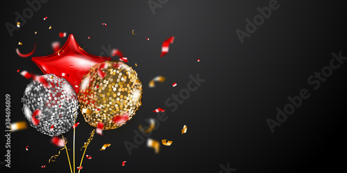 Festive background with golden, red and silver air balloons and shiny pieces of serpentine. Vector illustration for posters, flyers or cards.