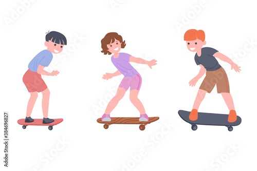 Happy children ride a skateboard, playing sports games. The boys and the girl are doing physical exercises. Active healthy childhood. Cartoon flat vector illustration isolated on white background.