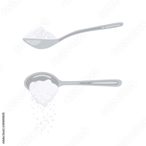 Sugar spoon full of powder crystals of salt or sugar vector illustration set. Teaspoon side view with cooking and baking ingredients need for drinks - coffee or tea. Clean organic eco food.