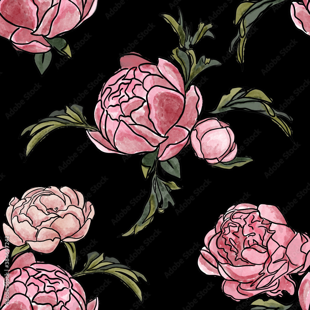 watercolor peonies with outline black  background