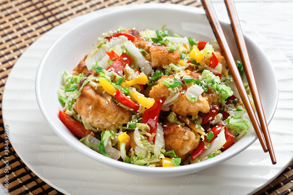 sesame chicken with chinese cabbage, top view sesame chicken with chinese cabbage, top view