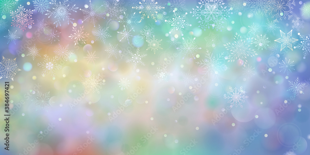 Christmas colored background of complex big and small falling snowflakes with bokeh effect