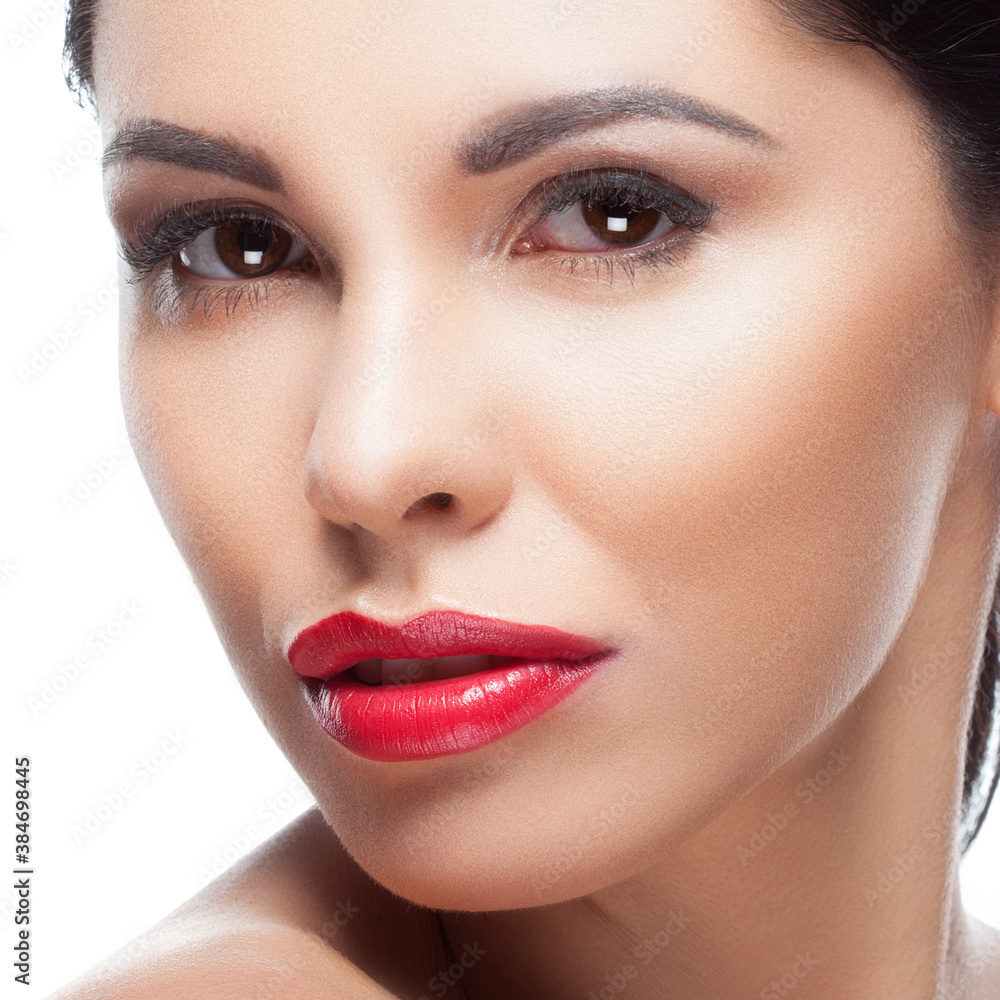 close-up beauty face of woman with red lips makeup close-up beauty face of woman with red lips makeup