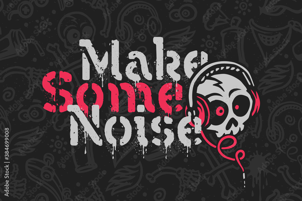 T-shirt print with funny skull in earphones and lettering composition